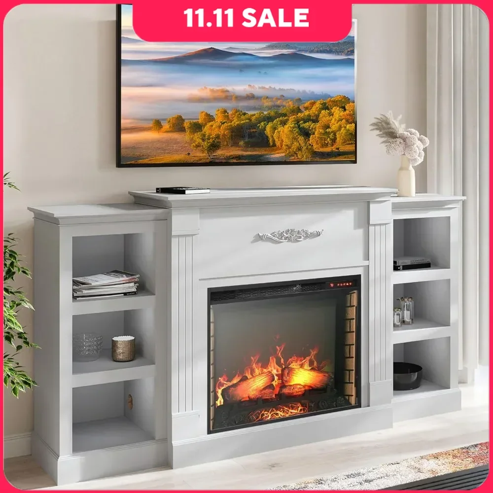 70 Fireplaces, Heater Mantel TV Stand & Media Entertainment Center, Sound and Side Book Shelves, Fireplaces