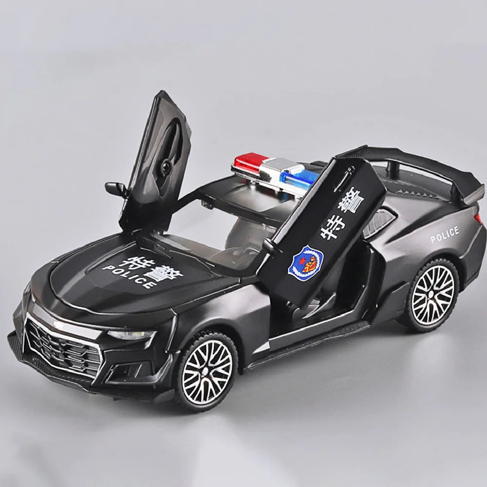 1/32 Scale Police Car Model Toy Alloy Body Pull Back Sound Light Doors Opened Sports Cars Models Ornament Collection Kids Gifts