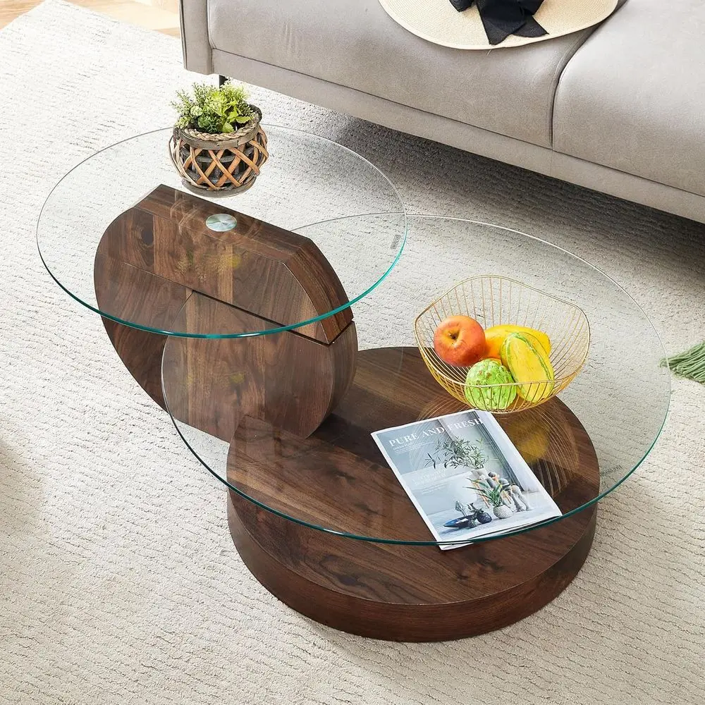 

Modern 2-Tier Round Glass Coffee Table with Walnut Base for Small Spaces