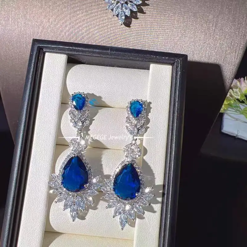 

CC Created Sapphire Earring Bridal Set Necklace Drop Earring 925 Silver Needle Fine Jewelry Sets For Women Party Accessories