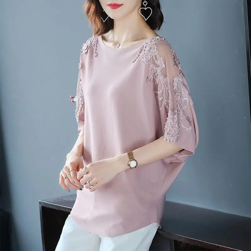 

Fashion Lace Hollow Out Beading Embroidery Batwing Sleeve Blouse Women Clothing 2023 Spring New Oversized Casual Tops Chic Shirt