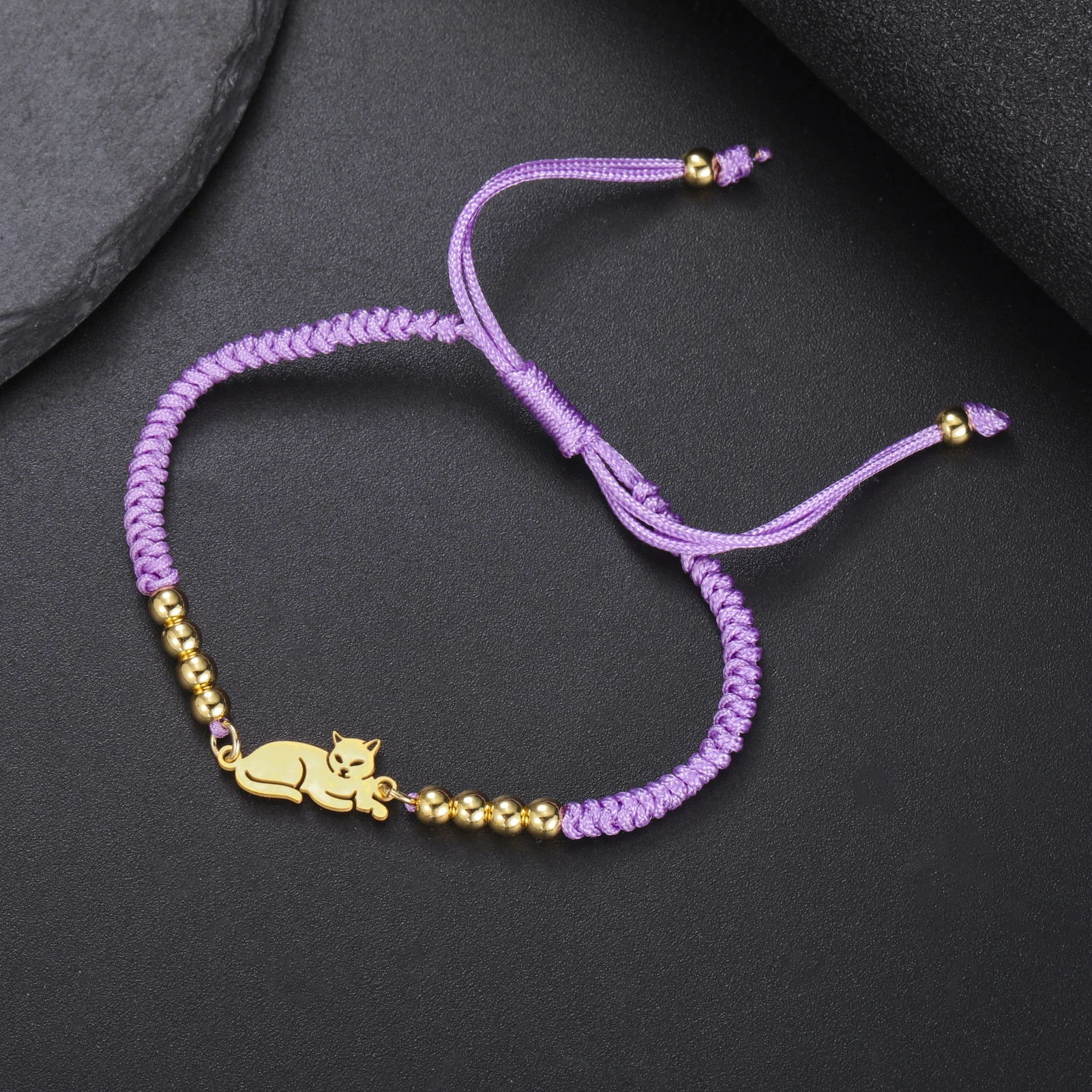 Sitting Cat Stainless Steel Charm Women Gold Color Beaded Purple Rope Chain Bracelet Cute Casual Jewelry