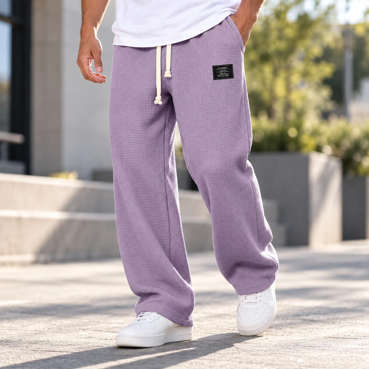 Casual Straight Leg Pants Mid Waist Sports with Badge Detail Drawstring Closure Full Length Medium Stretch Men Pants Autumn