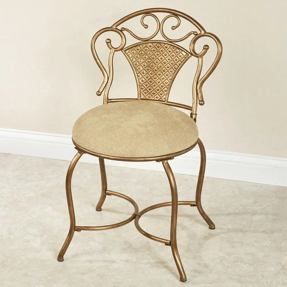 DAFIFY Durable Metallic Aged Gold Vanity Chair | Buff Microsuede Foam-Cushioned Seat | Metal Stool for Makeup, Bathroom, Dressin