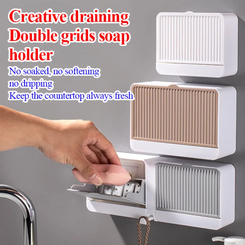 Flip-top creative drain double cell soap rack toilet non-trace wall hanging soap box Free punch soap box