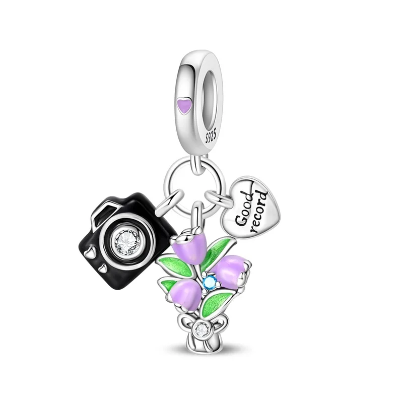 925 Sterling Silver Record Charms Beads Zircon Dangle Fit 3mm Original Bracelet DIY Women Party Jewelry Gifts