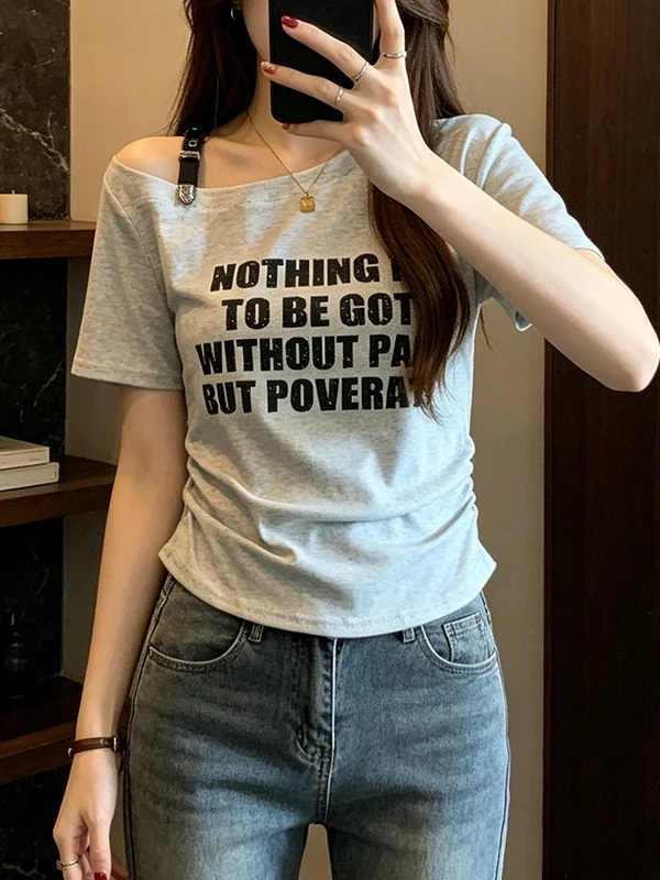 

plus Size Summer New Women's T-shirt Shoulder Bared Clavicle Letter Print Short Sleeve Top Korean Style Commute Fashion
