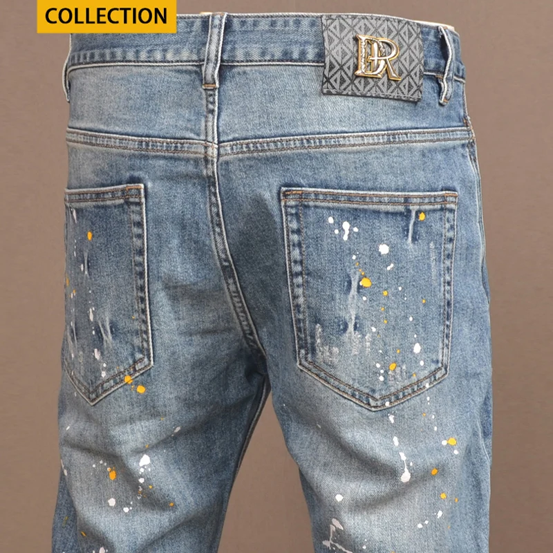 High Street Fashion Men Jeans Retro Blue Elastic Stretch Skinny Fit Ripped Jeans Men Painted Designer Hip Hop Denim Pants Hombre