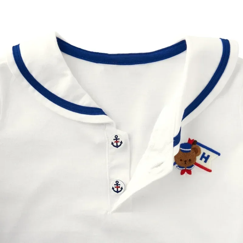 Cute Children\'s Clothing 2023 New Unisex Cartoon Bear Letter Embroidery Navy Collar Short Sleeve Shirt Underneath