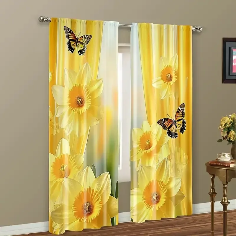 Yellow tulip and butterfly pattern printed curtains, window decorations, home decorations, room decorations