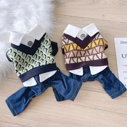 Knit Sweater Vest Costumes For Dogs With White Shirt Denim Pants Overall Small Puppy Animal Jumpsuit Jeans Pet Casual Suit Sets