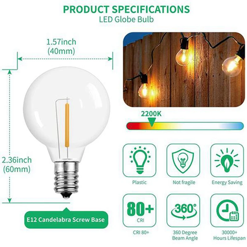 Bola lampu pengganti LED G40, 18 buah bola lampu LED tahan pecah basis sekrup E12 untuk tali lampu tenaga surya hangat putih