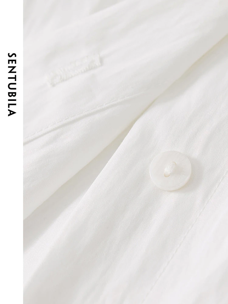 SENTUBILA ボタンアップ白クロップドシャツ女性 2025 春秋ファッション綿ブラウスドロップスリーブトップス女性服 141C52946