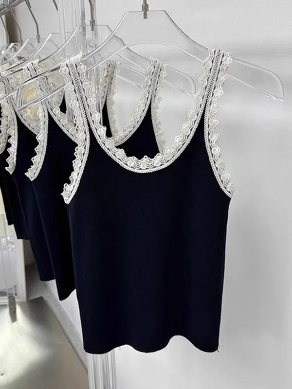 

Bla Lace Trim U-Ne Ice Silk Knitted Vest Women's Faionable Bal Top Mid-Summer ort Sle Office Wear