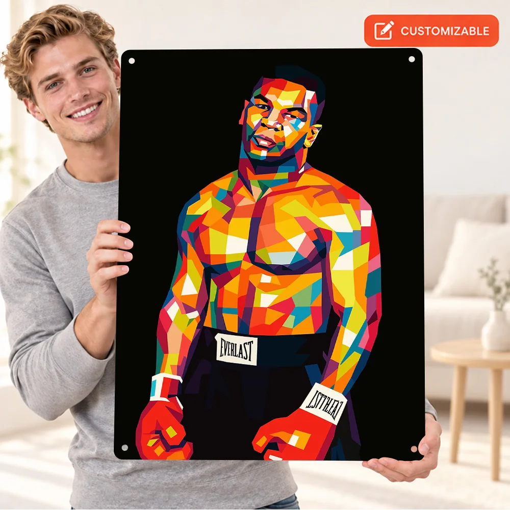 Mike Tyson Boxing Guard Printed Poster Personalized Aluminum Metal Sign Red Gloves Polygon Graphic Wall Art For Sports Lounge
