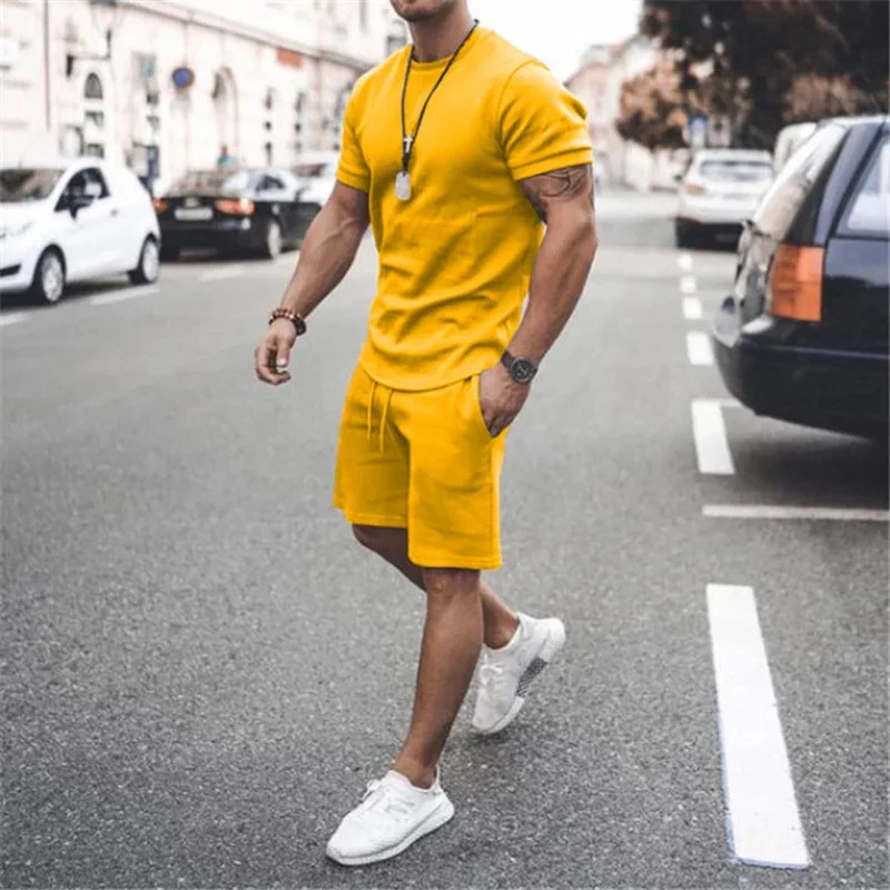 Solid Color Europe and The United States Men's 13 Color Summer New Short Sleeve Tshirt +Shorts 2pcs Set Leisure Sports Men Suit image 4