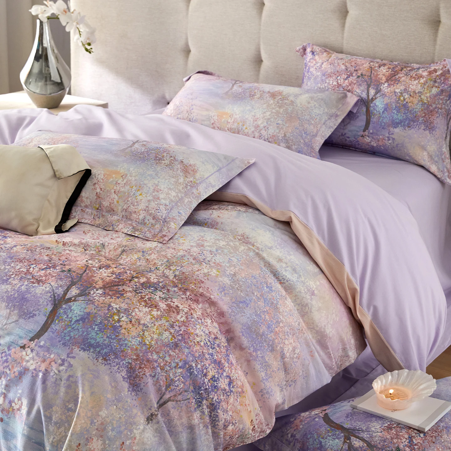 100% Cotton Bedding Set Brushed Flowers Taro Purple Duvet Cover Set Soft Cozy Sheet Set King Queen Size for Bedroom Decoration