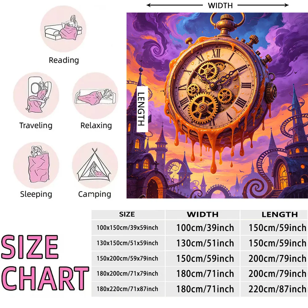 Steampunk Clock Gear Castle Printed Flannel Blanket Retro Vintage Style Soft Warm Cozy Throw Blanket