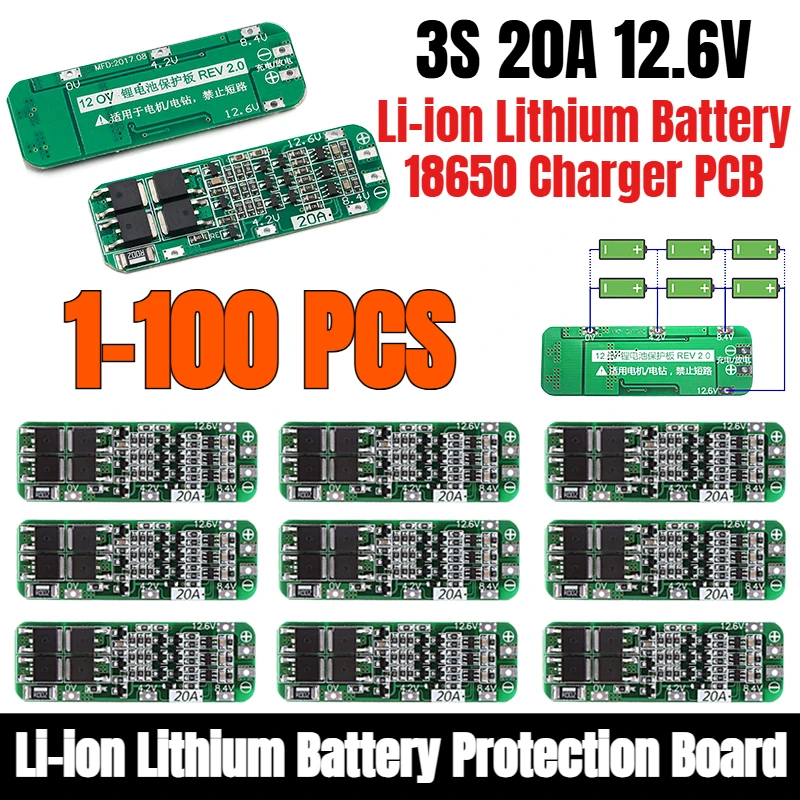 1-100PCS 3S 20A Li-ion Lithium Battery 18650 Charger PCB BMS Protection Board For Drill Motor 12.6V Lipo Cell Module