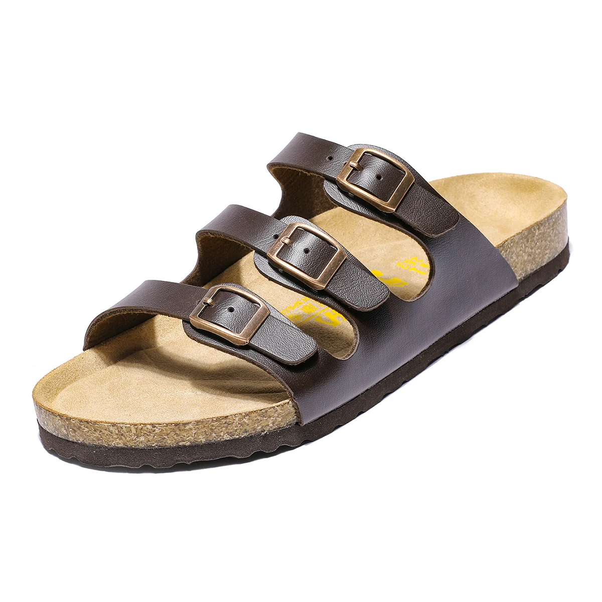 Women Men Three Strap Cork Footbed Slide Sandals Adjustable Metal Buckle Flat Slip On Open Toe Comfort Casual Summer Slippers