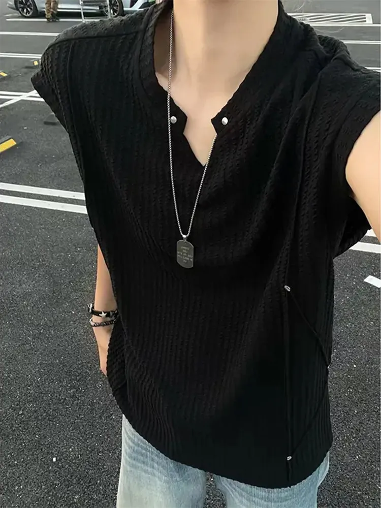Black V-neck Sweat Vest Men's Deconstructed Patchwork Rivet Sleeveless T-shirt Fitness Sport Shoulder Trend Casual Style