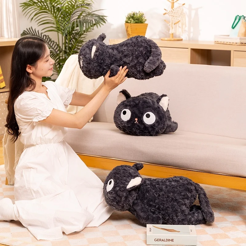 New Lovely Lie Prone Proud Black Cat Plush Toys Soft Comfy Fluffy Cartoon Big Eyes Kitten Throw Pilow Nice Sleeping Companion