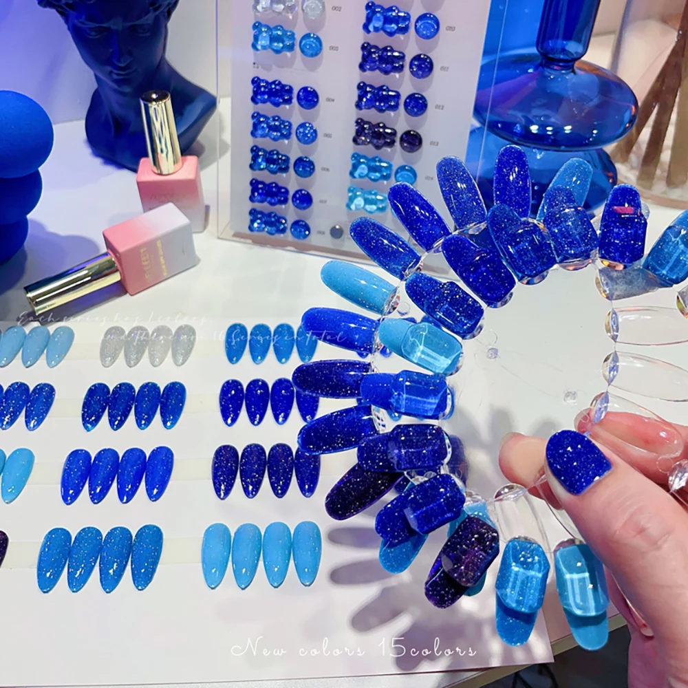 Vendeeni 15 Farben/Set Blauer Glitzer-Broken-Diamond-Gel-Nagellack Semi-Permanenter UV-LED-Soak-Off-Gel-Lack mit Display – Detail 9