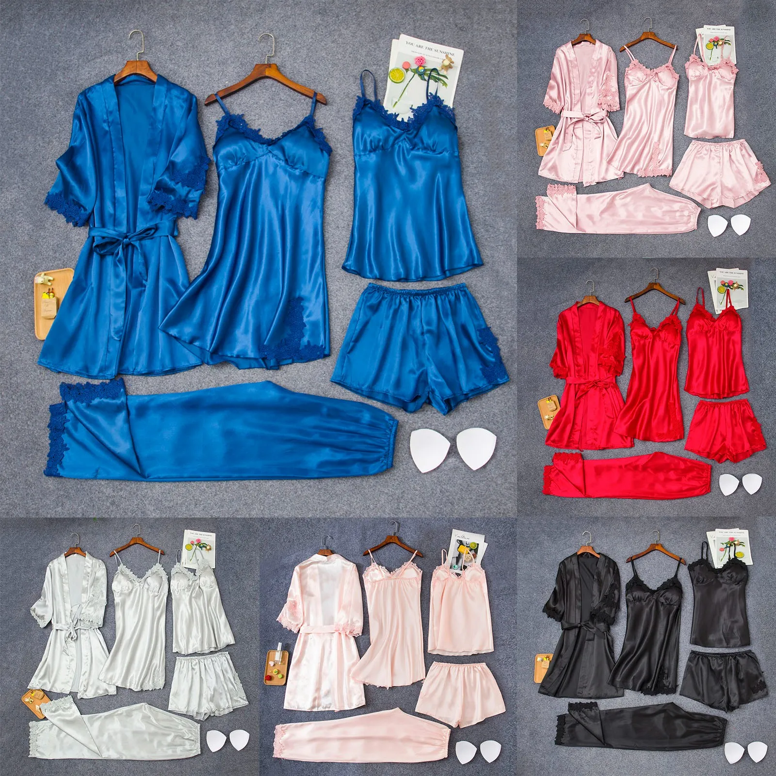 Women\'s Long Bathrobe Set Silk Spring Summer Floral Print Ladies Dressing Gown 5 Pieces Set Nightdress Summer Satin Pajama