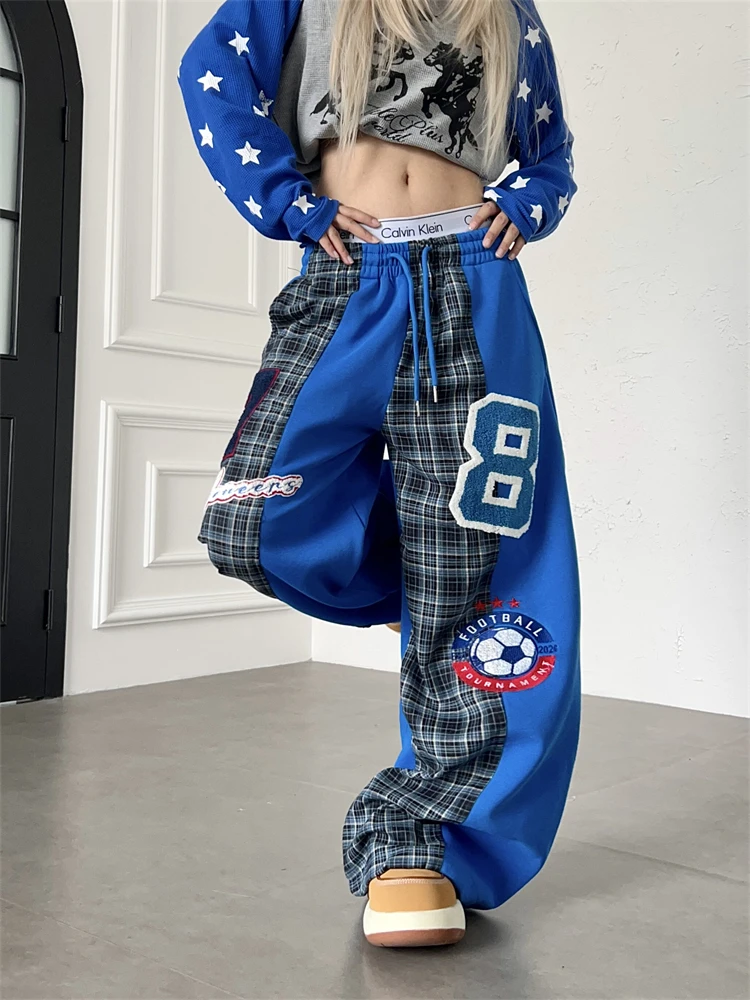 Women's Grid Patchwork Design Casual Pants Hip-hop Street Girl Bottoms Unisex Wide Leg Sweatpants Female High Waist Trousers