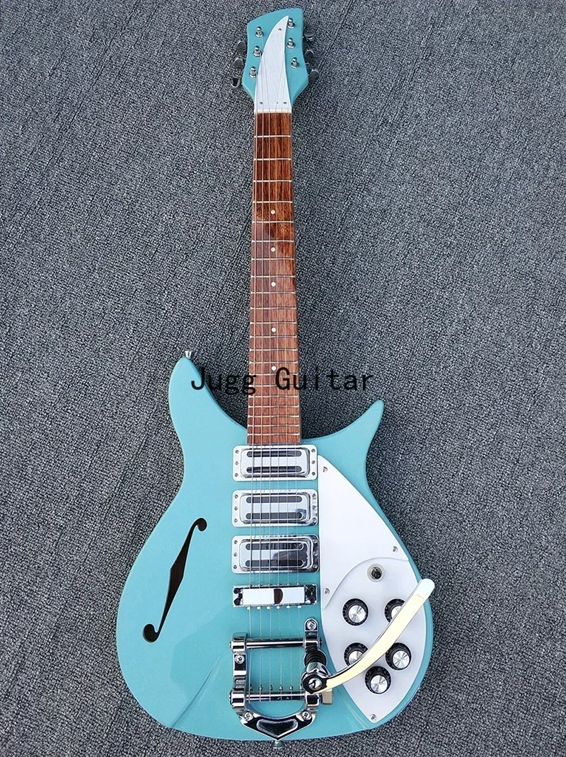 325 Short Scale 527 MM Semi Hollow Light Green Electric Guitar 3 Pickups, Single F Hole, Lacquer Fingerboard