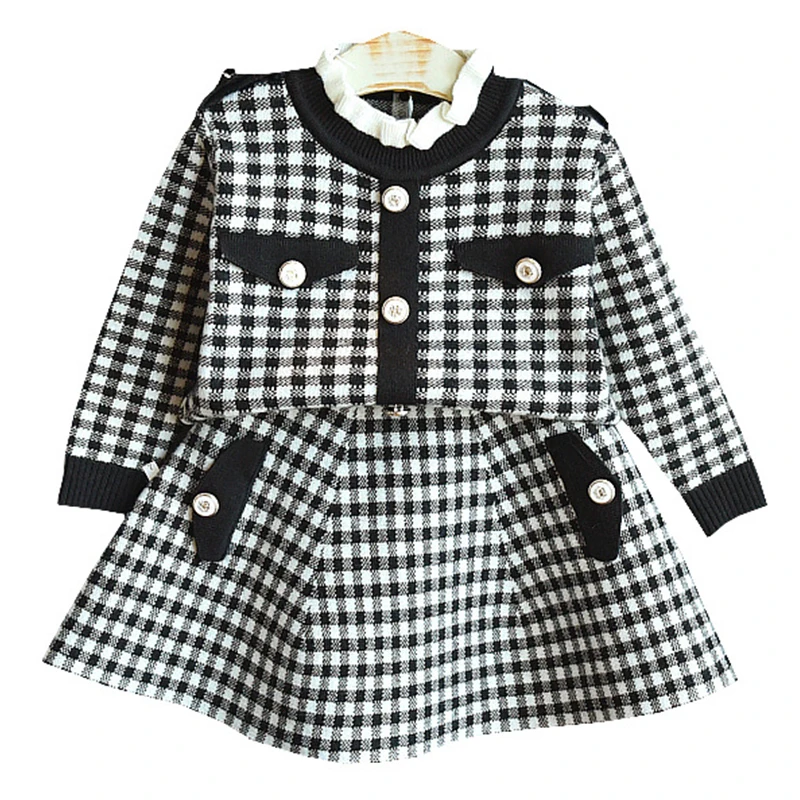 

2Piece Fall Winter Children Boutique Outfits Clothing Sets Fashion Plaid Korean Knit Kids Sweater+Skirt Baby Girls Clothes 1993