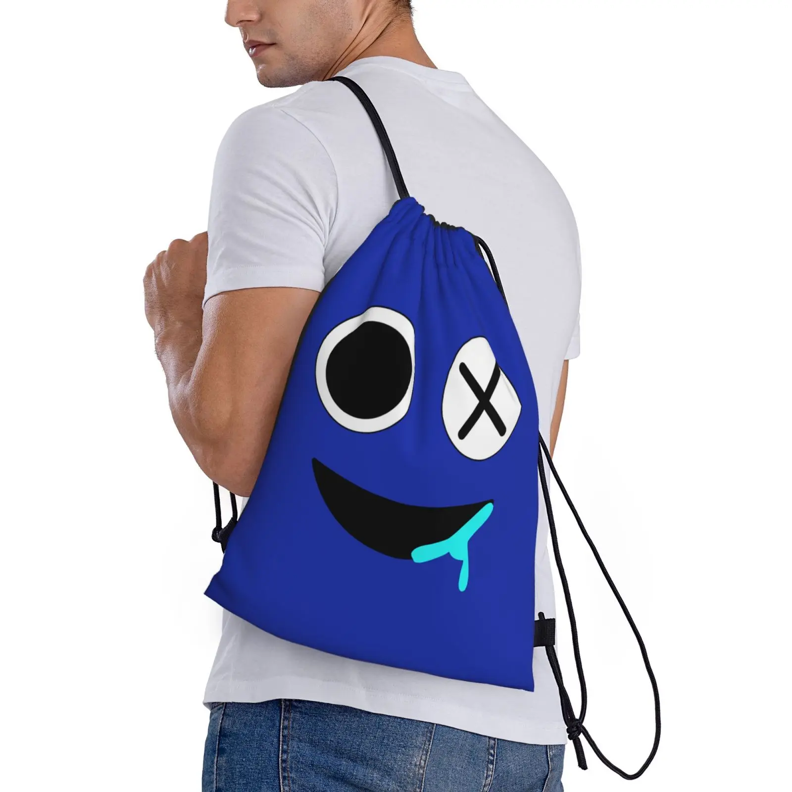 Custom Blue Face Rainbows Friend Drawstring Bag Women Men Lightweight Video Game Sports Gym Storage Backpack