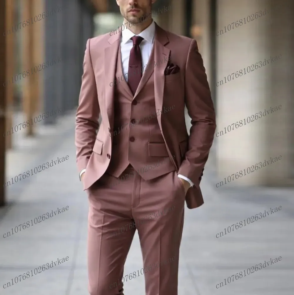 

New Dark Pink Formal Men Suit Wedding Party Groom Groomsman Prom Business Male Tuxedos 3 Piece Set Jacket Vest Pants