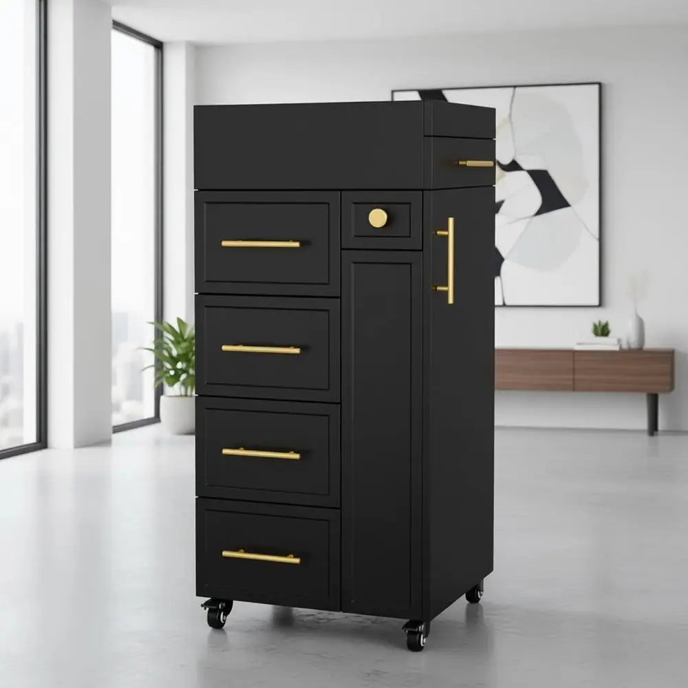 

Adjustable Hair Styling Trolley with 5 Drawers, 3 Tool Holders and Mobile Storage for Beauty Salons and Home Use (Black)
