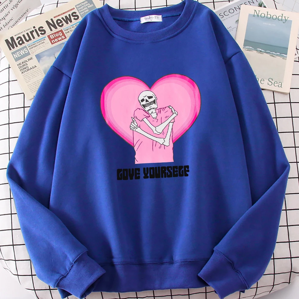 Gove Yourself Pink Skull Print Pullovers Women Autumn Oversized Sweatshirt Casual Fleece Sweatshirts Crewneck Tops Female