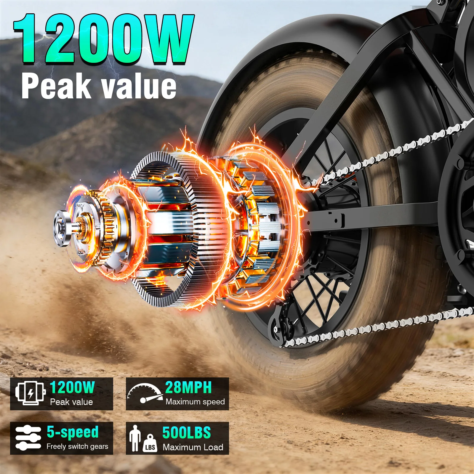 Motocicleta Elétrica Todo-Terreno de 1200W, Bicicleta Elétrica de Terra para Adultos 48V18Ah, 28MPH, 5 Velocidades Variáveis, Capacidade de Carga de 500LBS