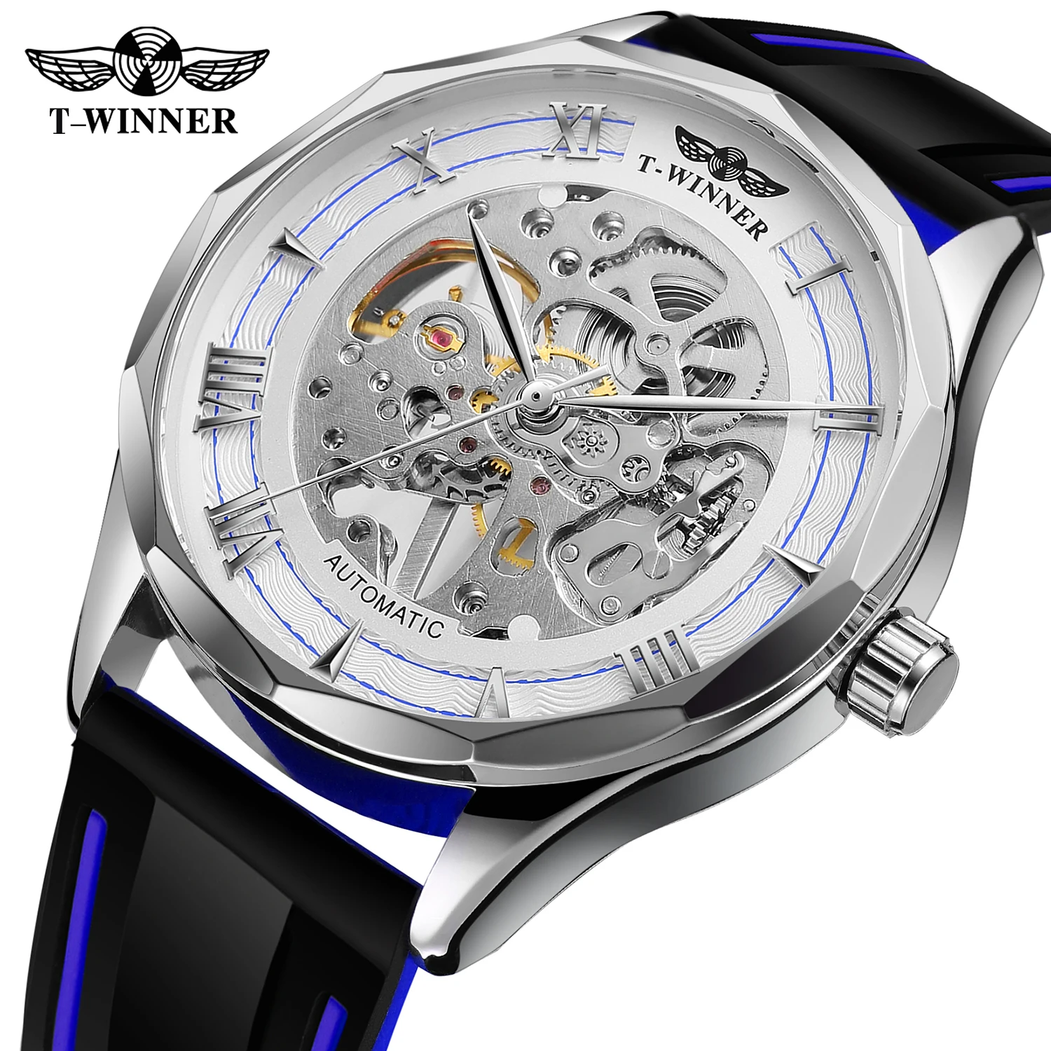 Automatic Mechanical Watch Mens Sports Skeleton Silver Case White Dial Rubber Band Self Wind Wrist Watch Luxury Brand