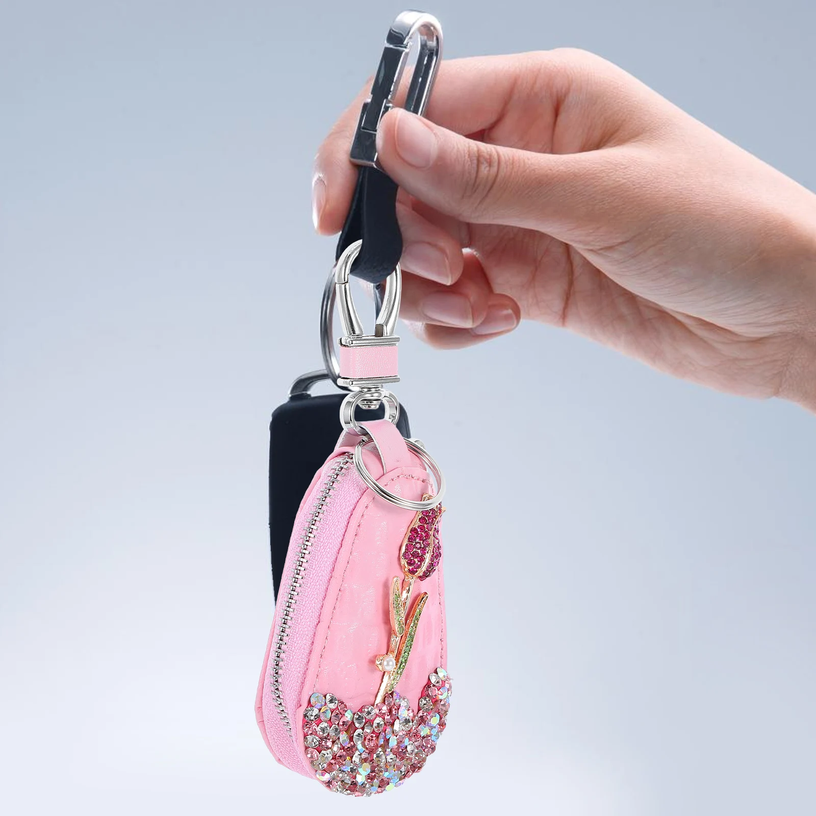 

Portable Bling Rhinestones Rose Car Key Bag Protector Pouch Durable Keychain Case Car Remote Cover Keychain Case