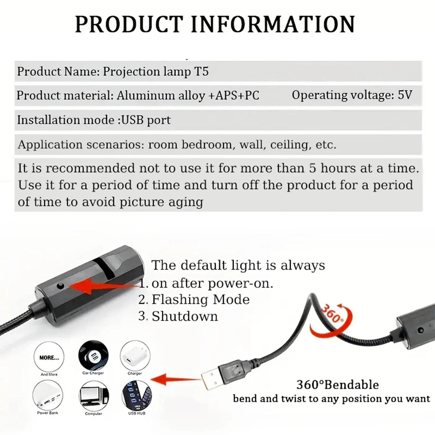 مصباح إسقاط جمجمة، إضاءة ليلية بمنفذ USB