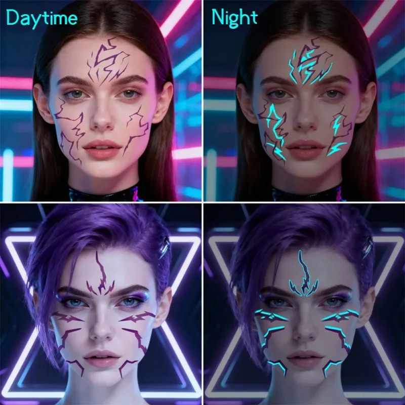 

4/6 шт. светящиеся в темноте временные татуировки для лица в стиле K-pop и готика для женщин - крутые сине-фиолетовые татуировки с молниями и венами, водостойкие тату для тела.