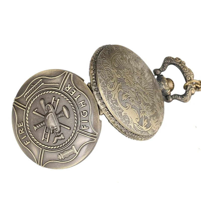 Vintage Fire Fighter Design Men's Analog Quartz Pocket Watch Full Hunter Necklace Chain Clock Arabic Numeral Gift Reloj