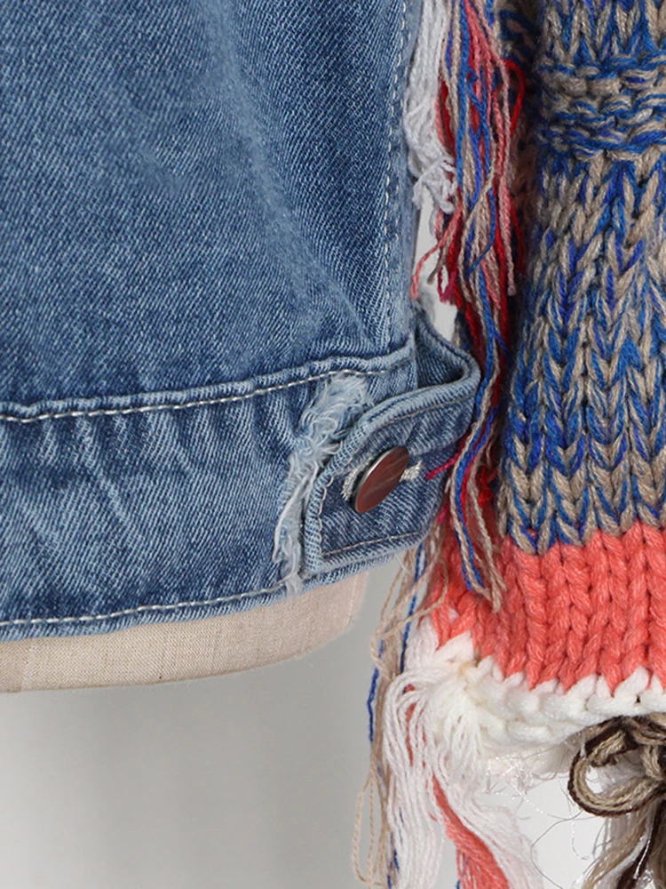 CHICEVER Colorblock Patchwork Knitted Tassel Jacket For Women Lapel Long Sleeve Casual Streetwear Denim Coats Female Fashion New - Image 5
