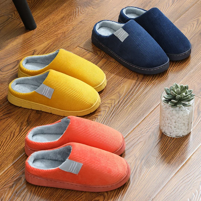 Autumn Winter Fleece-Lined Thickened Cotton Slippers Women's Anti-Slip Soft Bottom Home Couple Hair Slippers Wholesale