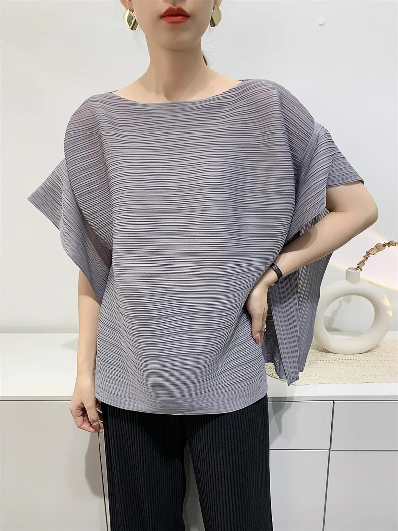 Miyake-Tops plisados para mujer, camisetas cómodas informales holgadas de manga corta, ropa plisada ajustada, novedad de verano 2024