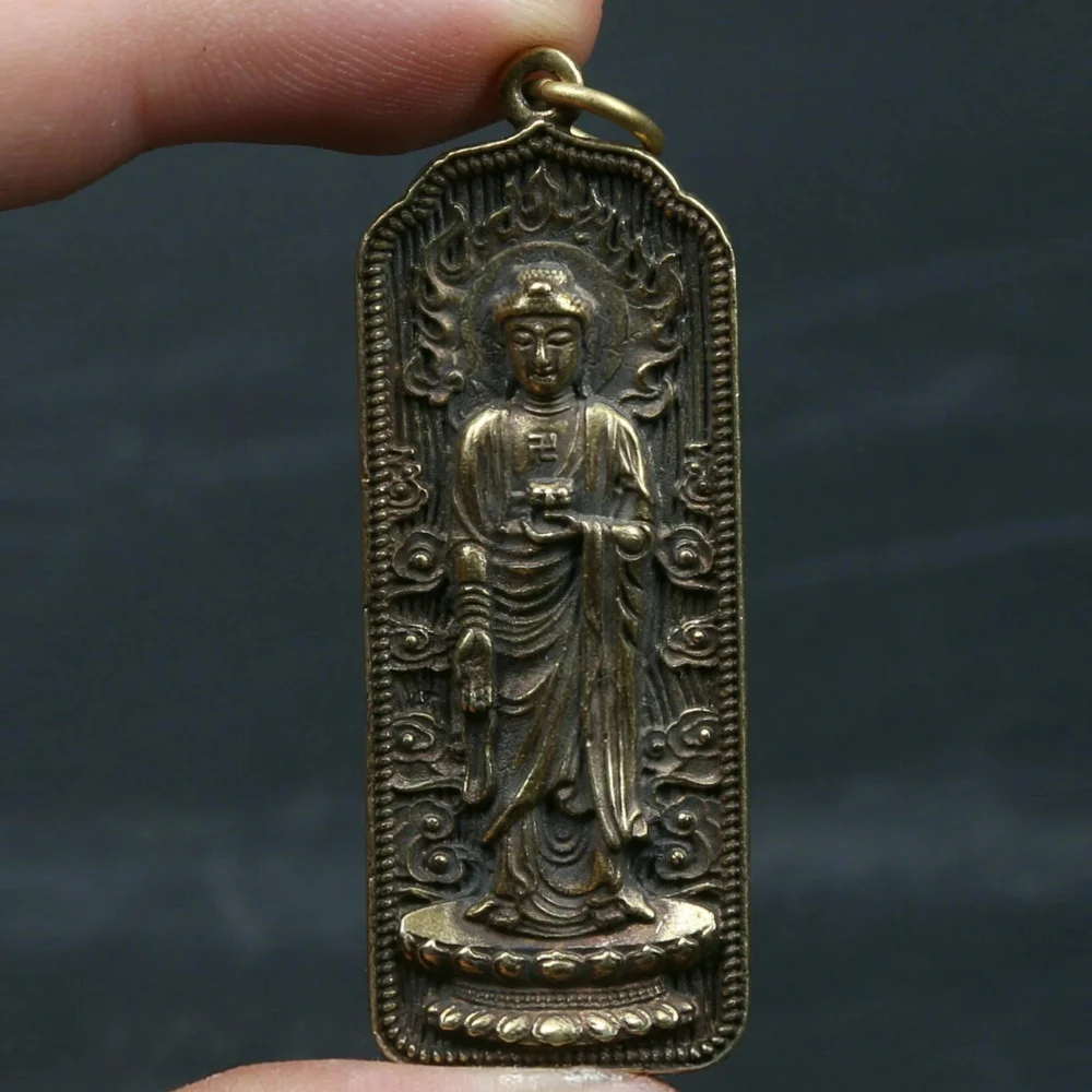 54mm Chinese Bronze Shakyamuni Buddha Pendant Buddhist Peace Amulet Protection Necklace Lotus Statue Lucky Gift