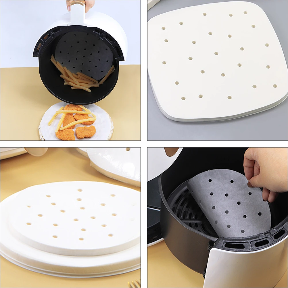 

100pcs Baking Paper Sheets 21x21cm Non Stick Air Fryer Parchment Cooking Pad Holes Food Grade Safe for Oven Bakeware Steam