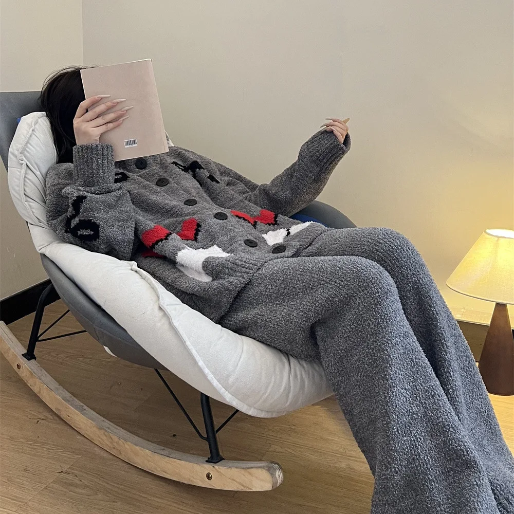 Set da donna in mezzo pile lavorato a maglia con stampa simpatico cartone animato Autunno/Inverno Cardigan caldo spesso + pantaloni Set pigiama da casa in peluche da 2 pezzi