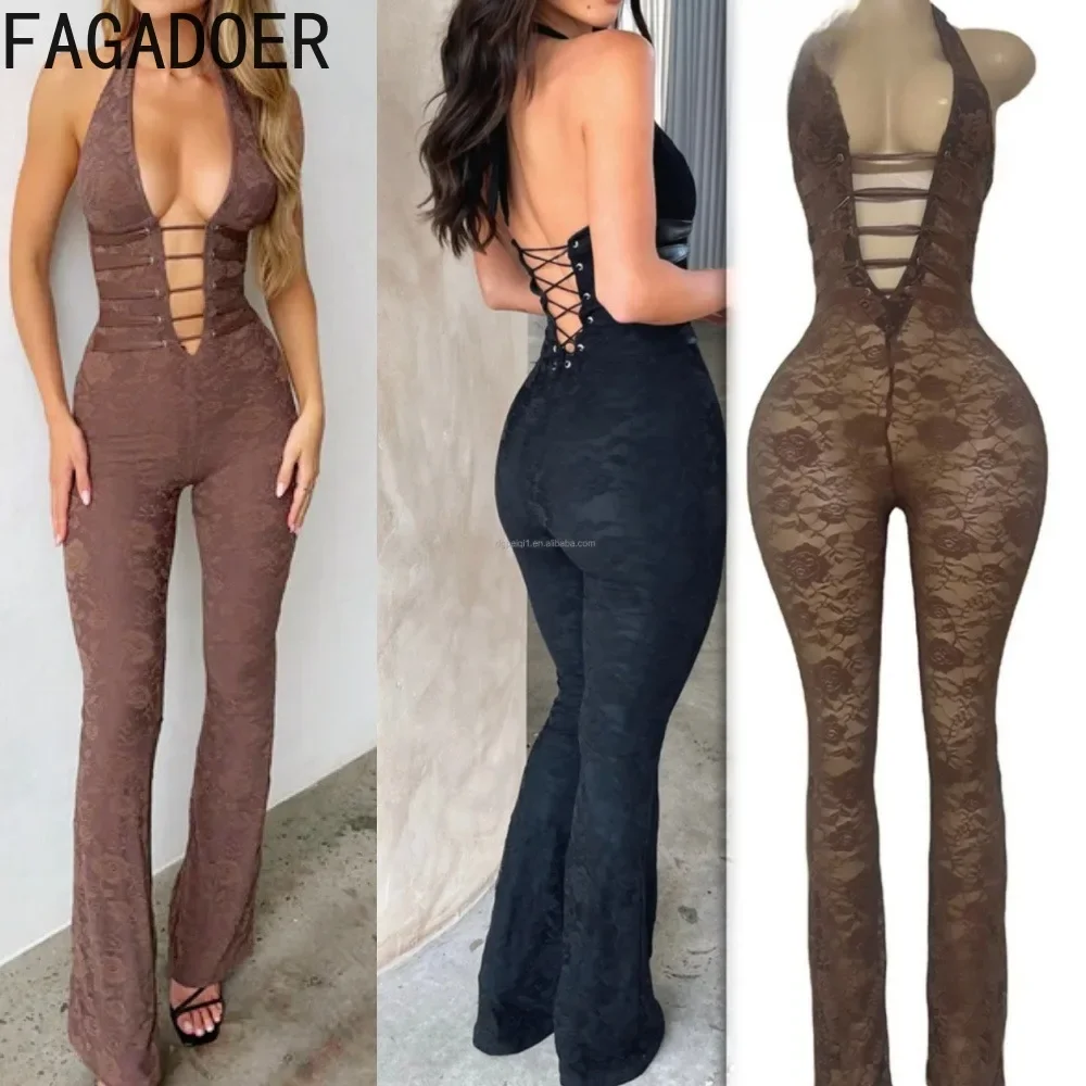 FAGADOER Sexy Lace Bodycon Jumpsuit Women Mesh Deep V Bandage Patchwork One Pieces Overalls Hot Girl Y2k Streetwear Clothing new