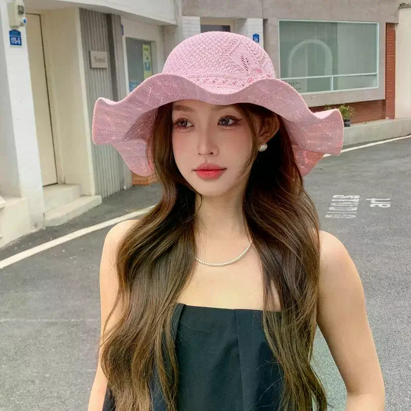 Flower Decorated Women Straw Hat Sun Protection Hollow Breathable Basin Cap for Beach Gathering Outdoor Picnic