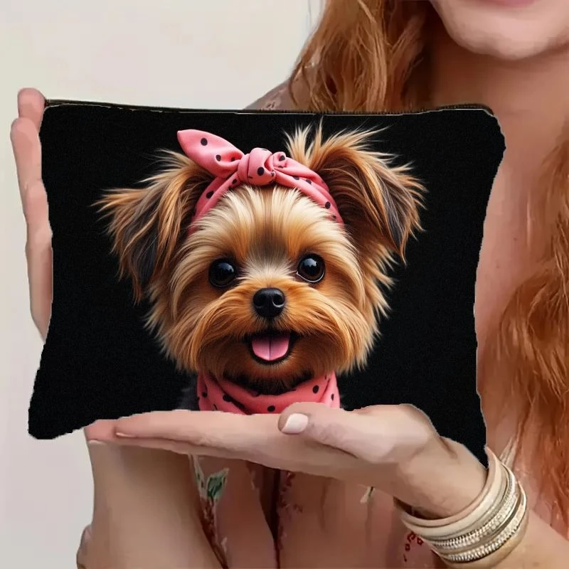 2D Flat, Adorable Happy Yorkshire Terrier Puppy Print Cosmetic Bag with Zipper Closure -Foldable Makeup Organizer for Women